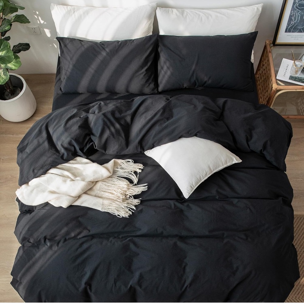 🆕 Black Linen Cotton Duvet Set King Cover Pillow Cases
